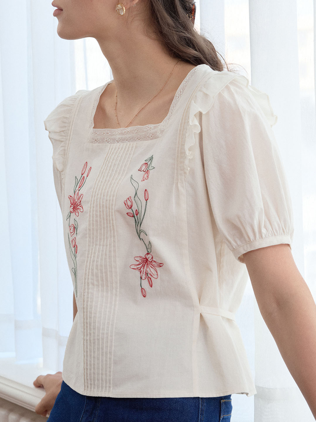 Kaliyah Floral Embroidery Ruffle Trim Square Neck Puff Sleeve Blouse