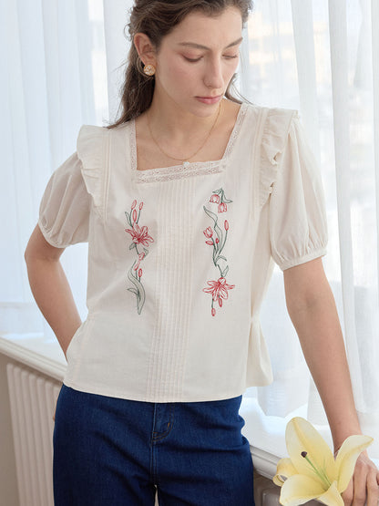 Kaliyah Floral Embroidery Ruffle Trim Square Neck Puff Sleeve Blouse