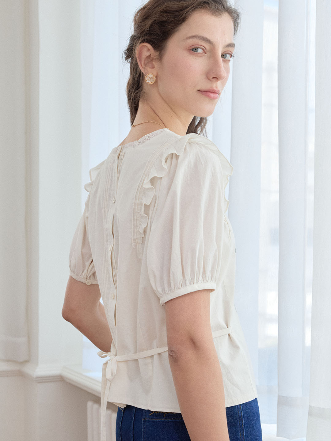 Kaliyah Floral Embroidery Ruffle Trim Square Neck Puff Sleeve Blouse