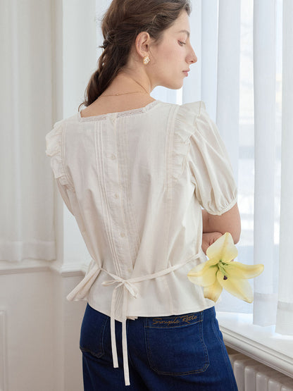 Kaliyah Floral Embroidery Ruffle Trim Square Neck Puff Sleeve Blouse