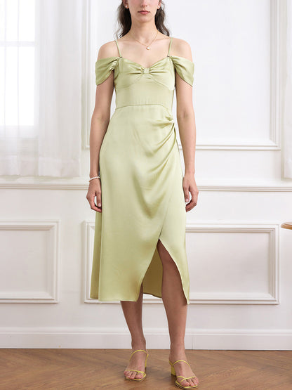 Laurel 蝴蝶結領落肩開衩連衣裙