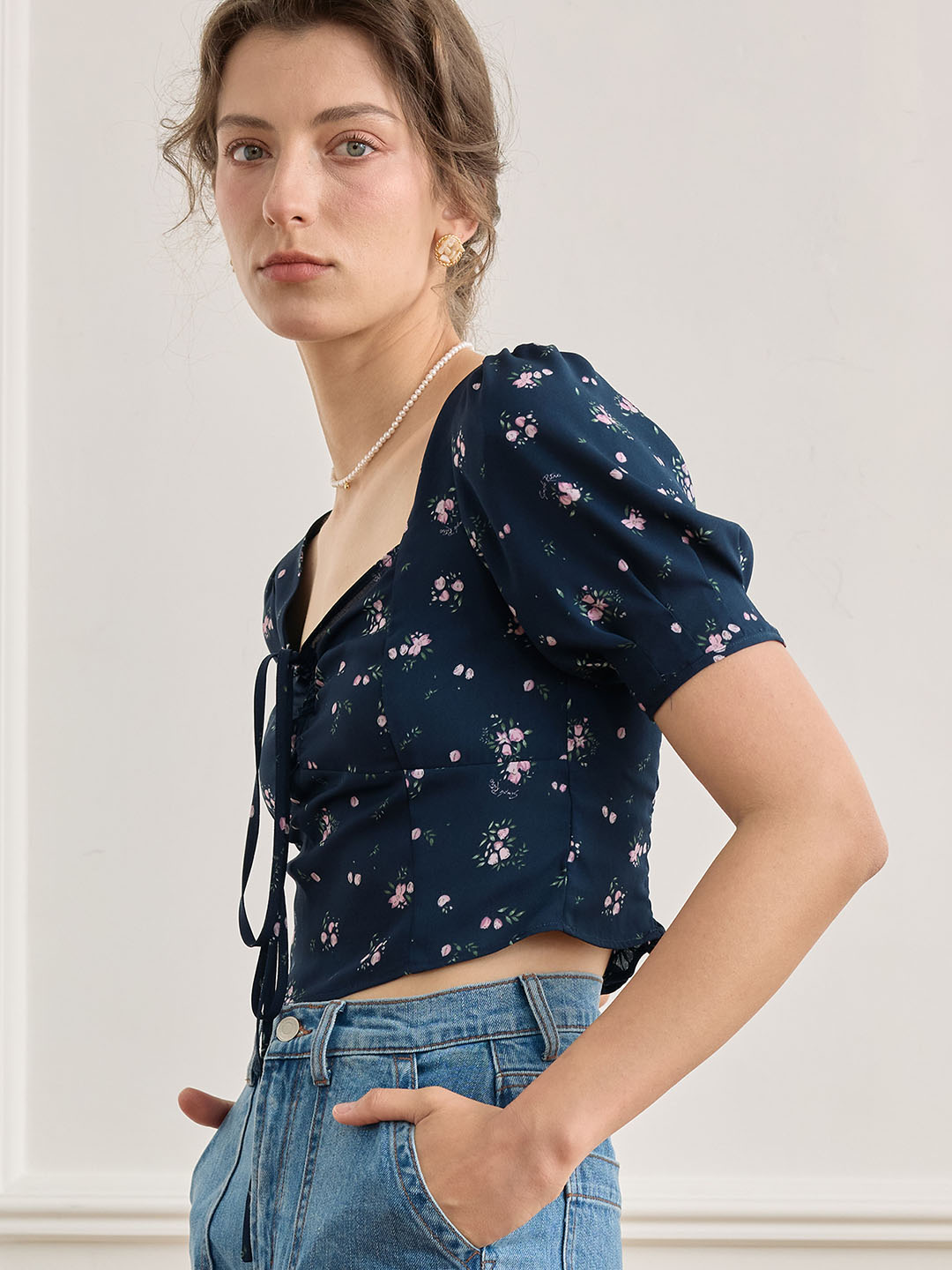 Sasha Ditsy Floral Print Ruched Bust Tie Back Crop Blouse
