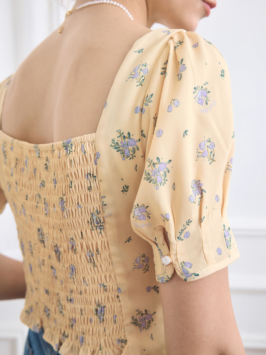 Sasha Ditsy Floral Print Ruched Bust Tie Back Crop Blouse