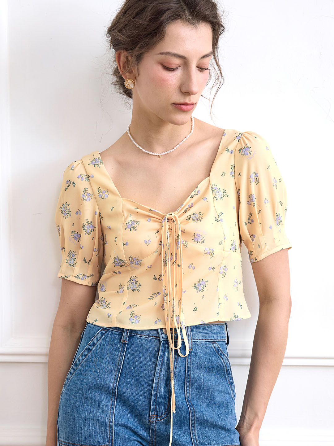 Sasha Ditsy Floral Print Ruched Bust Tie Back Crop Blouse