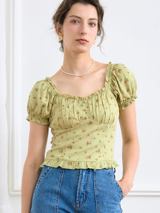 Nia Ditsy Floral Print Ruched Bust Frill Trim Blouse