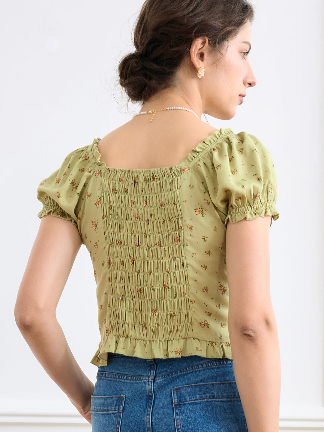 Nia Ditsy Floral Print Ruched Bust Frill Trim Blouse