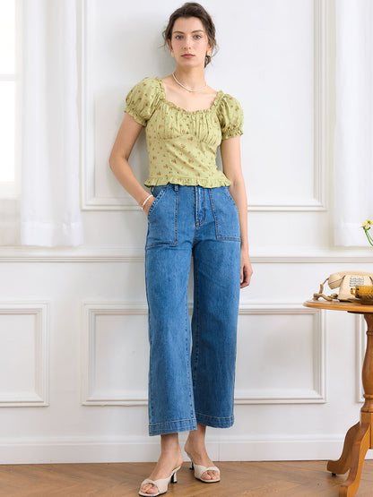 Nia Ditsy Floral Print Ruched Bust Frill Trim Blouse
