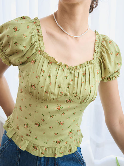 Nia Ditsy Floral Print Ruched Bust Frill Trim Blouse