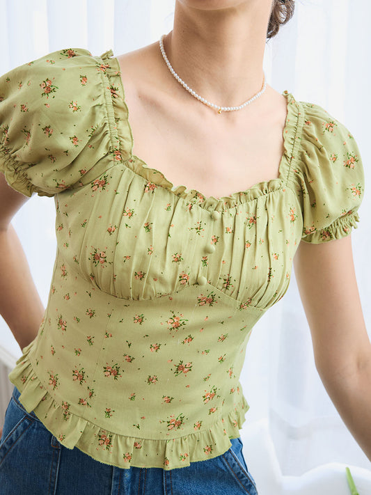 Nia Ditsy Floral Print Ruched Bust Frill Trim Blouse
