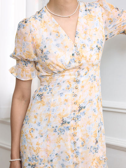 Nalani Ditsy Floral Print Puff Sleeve Ruffle Hem Dress