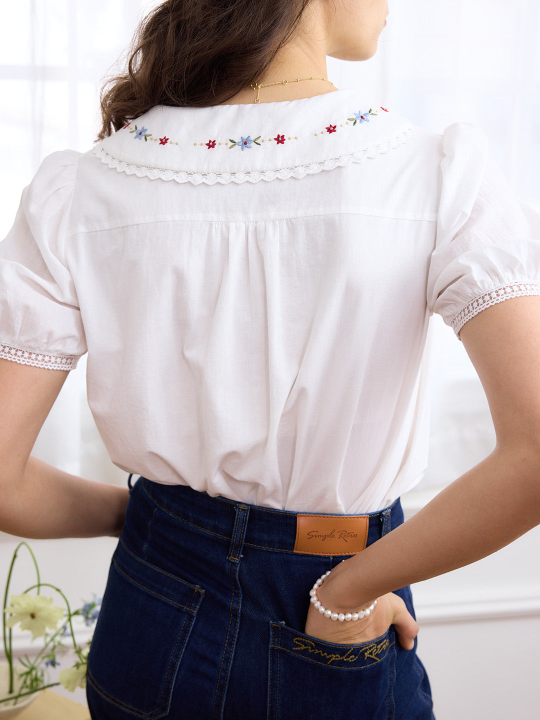 Jenna Floral Embroidery Puff Sleeve Shirt