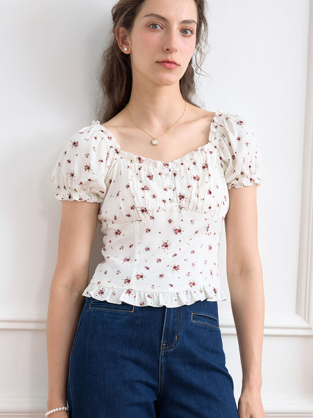 Nia Ditsy Floral Print Ruched Bust Frill Trim Blouse