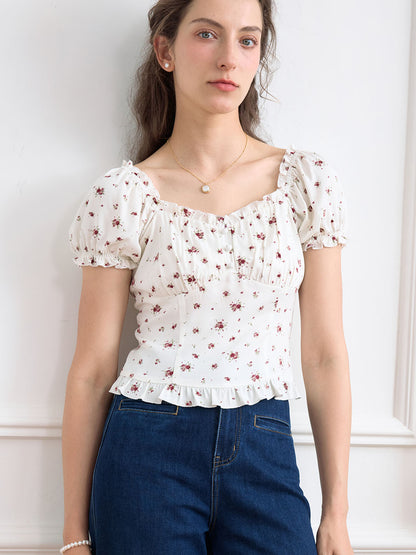 Nia Ditsy Floral Print Ruched Bust Frill Trim Blouse