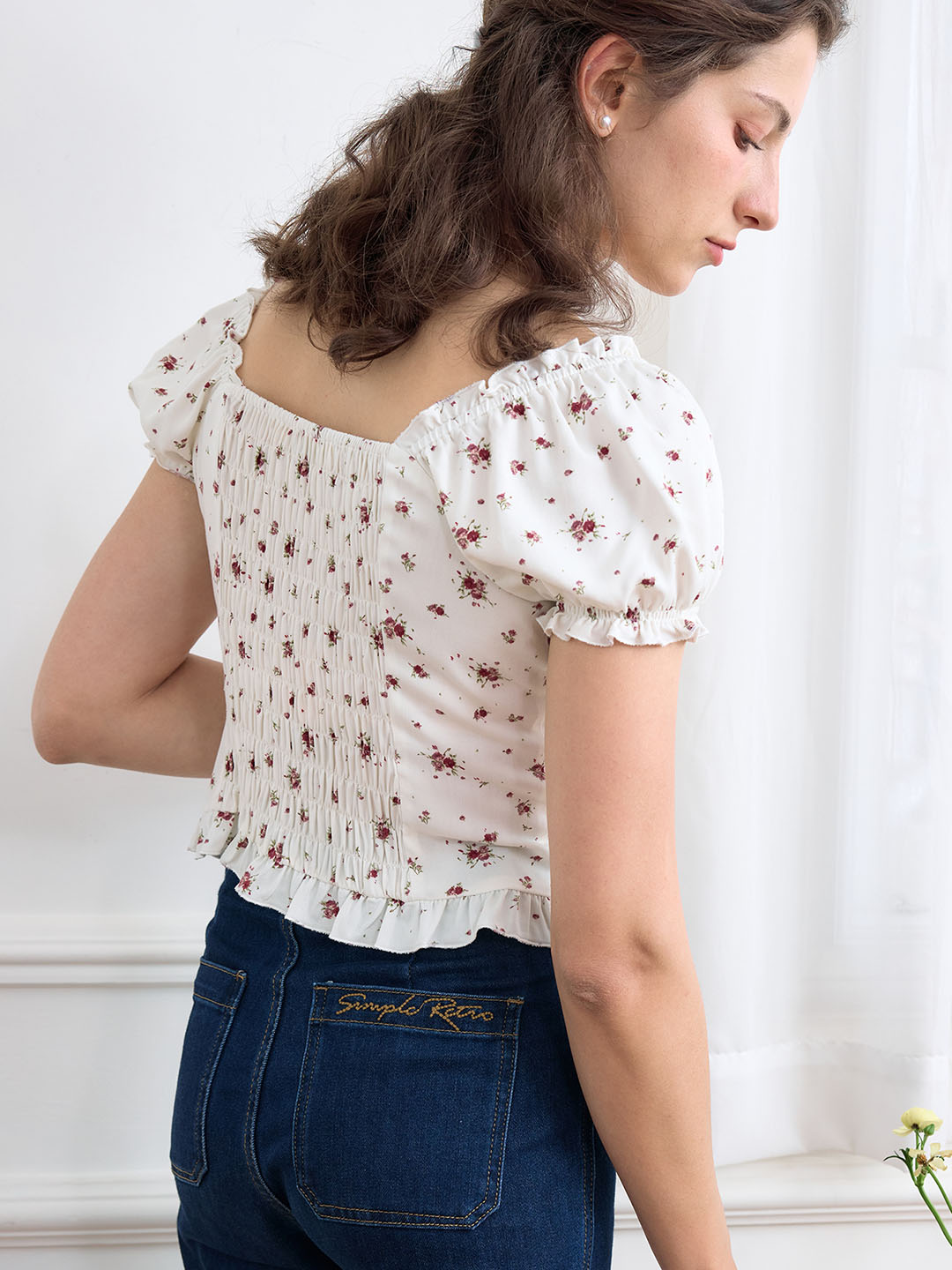 Nia Ditsy Floral Print Ruched Bust Frill Trim Blouse