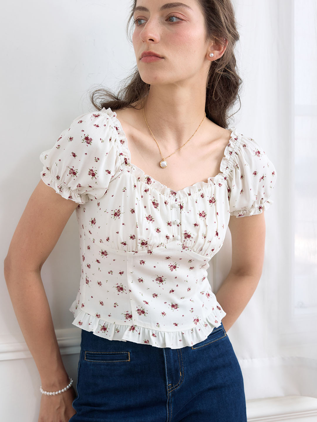 Nia Ditsy Floral Print Ruched Bust Frill Trim Blouse