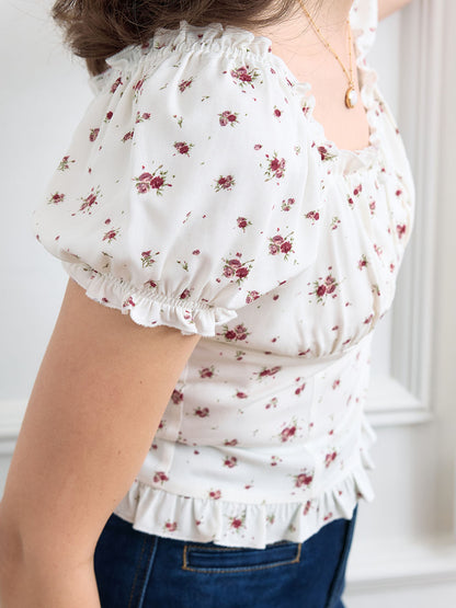 Nia Ditsy Floral Print Ruched Bust Frill Trim Blouse