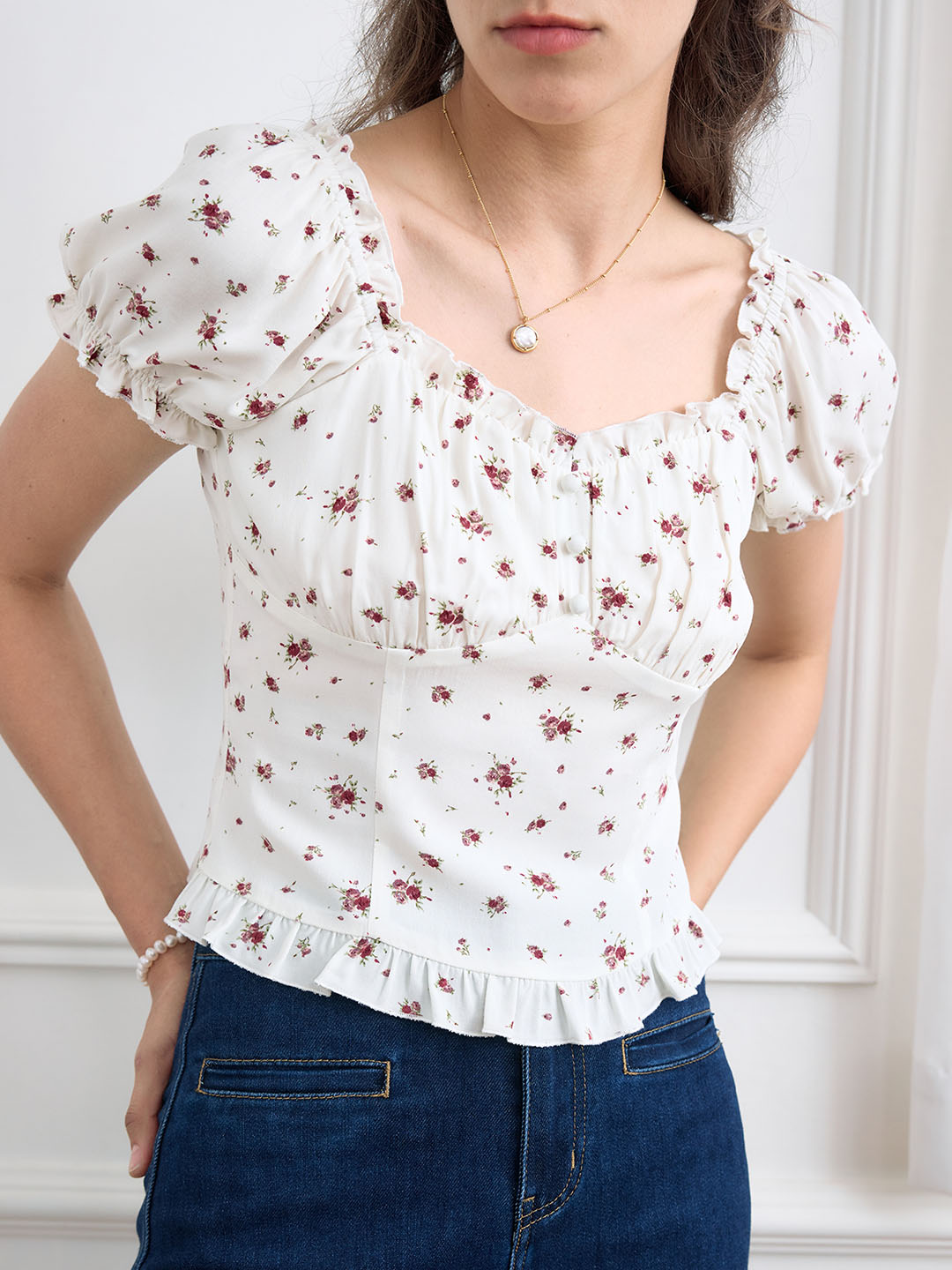 Nia Ditsy Floral Print Ruched Bust Frill Trim Blouse