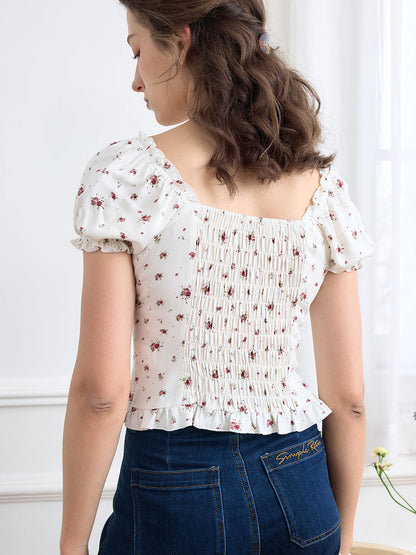 Nia Ditsy Floral Print Ruched Bust Frill Trim Blouse