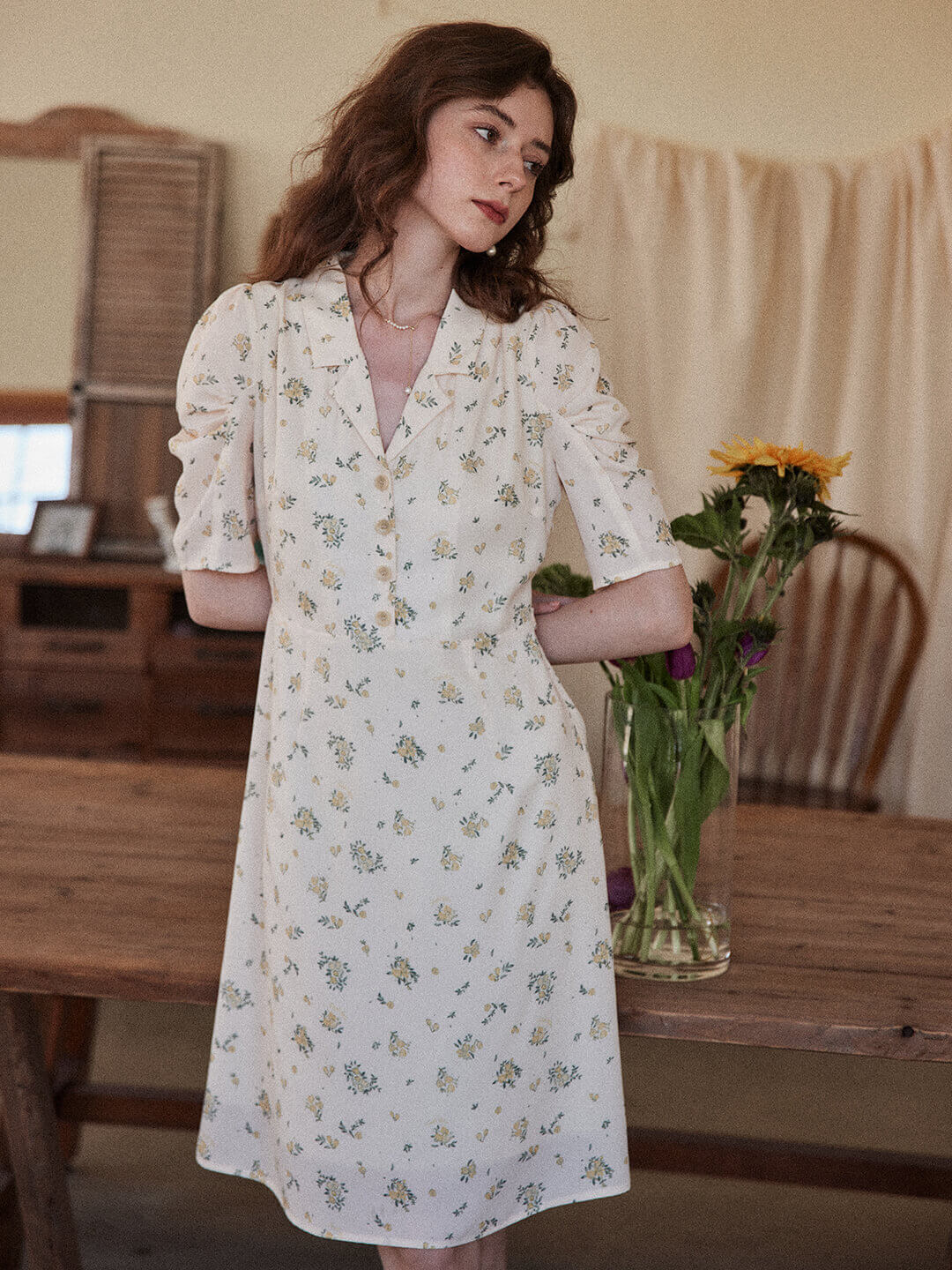 Fannie apricot shirt collar floral dress