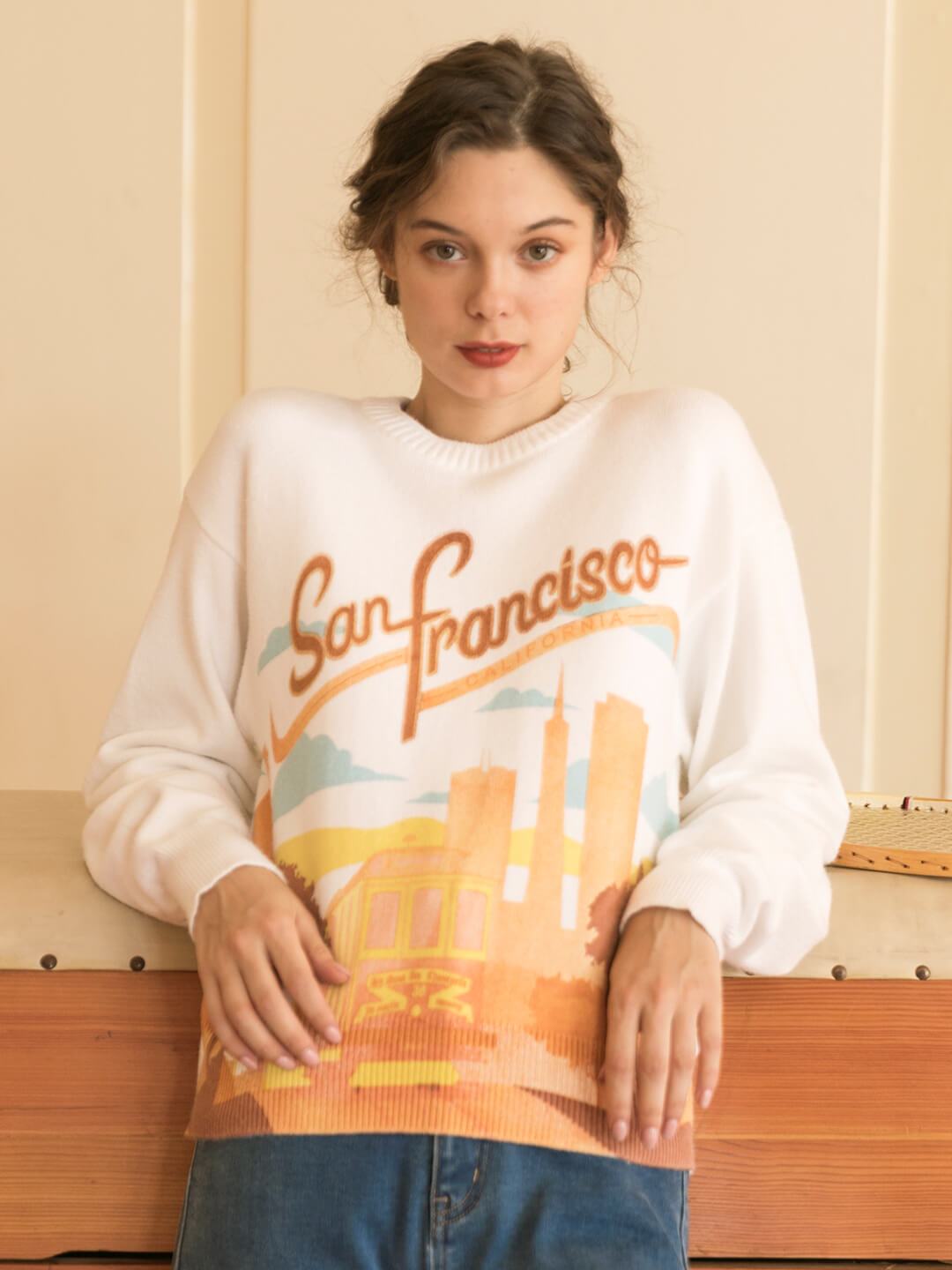 Elaina white sunset print crew neck sweater