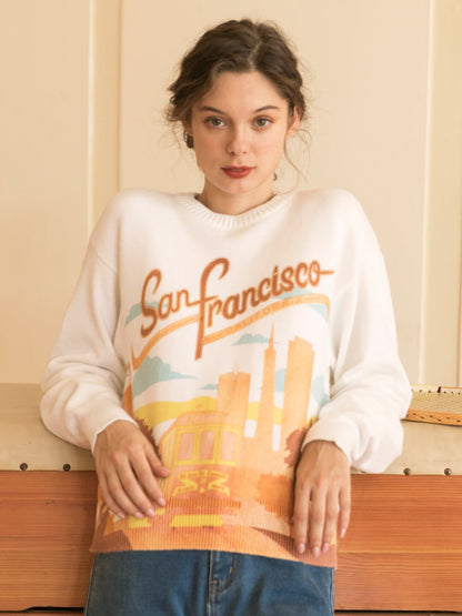 Elaina white sunset print crew neck sweater