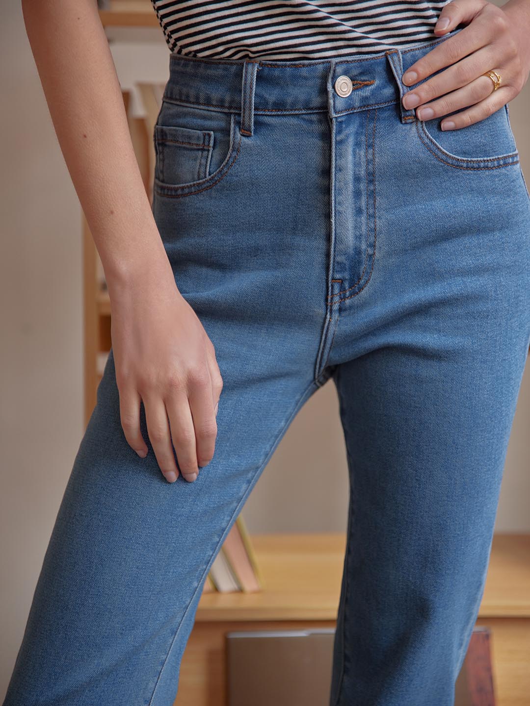 Simple Retro-Kira 藍色高腰直筒顯瘦牛仔褲