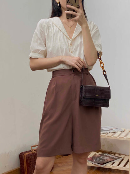 Daiki brown chiffon casual straight-leg trousers