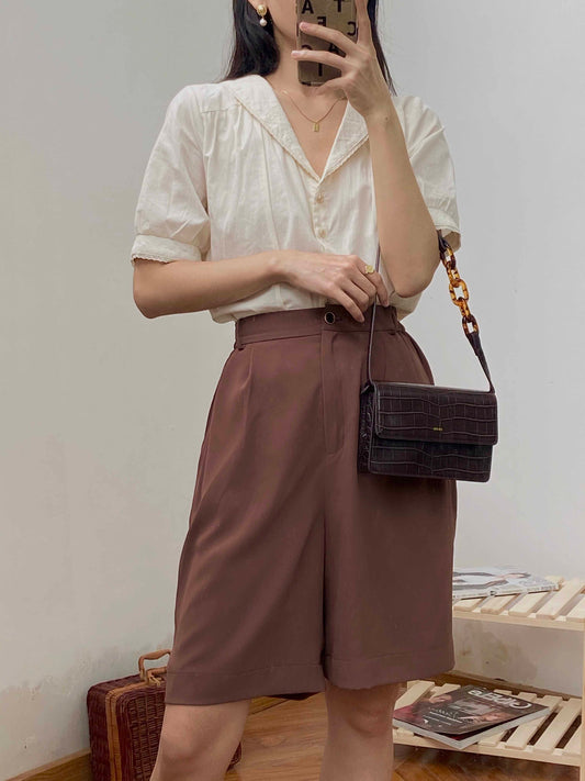 Daiki brown chiffon casual straight-leg trousers
