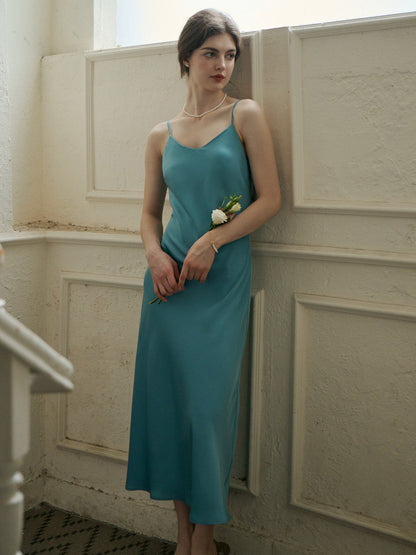 Gwen 復古優雅法式V領吊帶藍色連衣裙