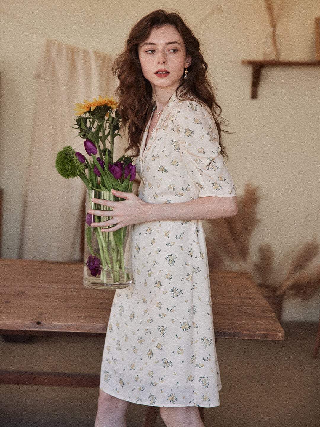 Fannie apricot shirt collar floral dress
