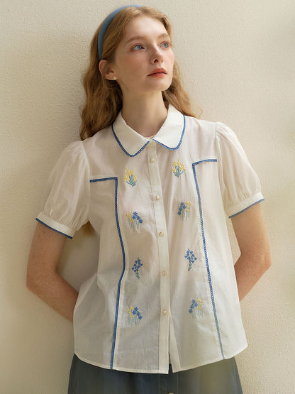Artemis 花卉刺繡泡泡袖撞色拼接襯衫