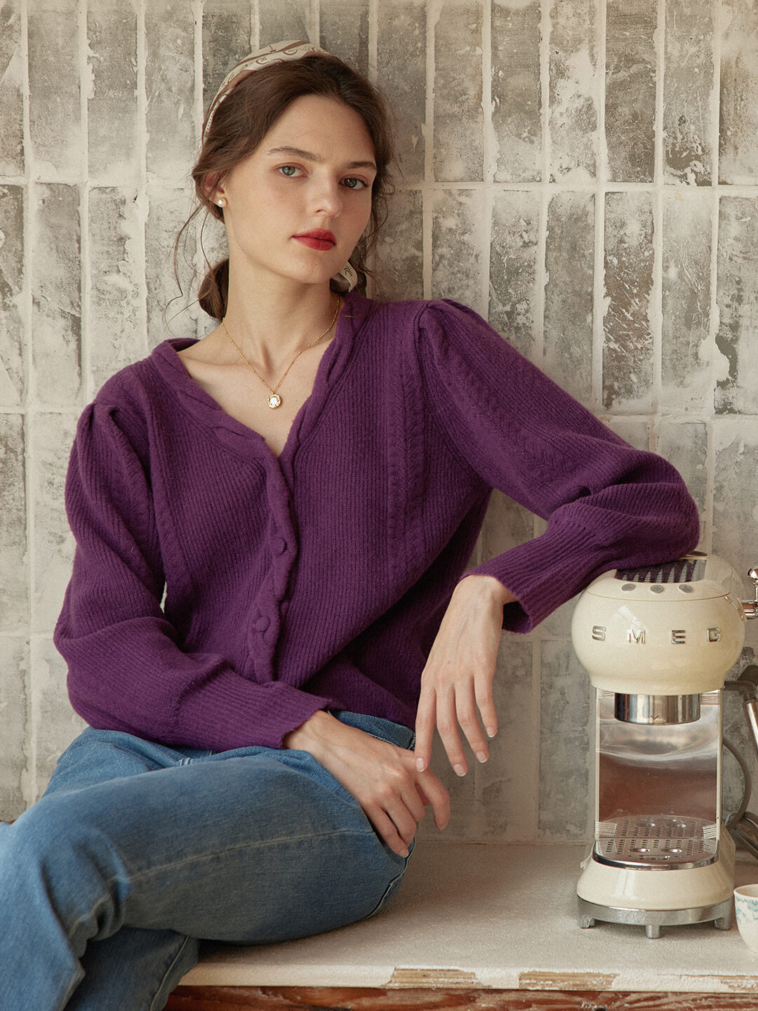 Ava 紫色V領復古針織外套/SIMPLERETRO