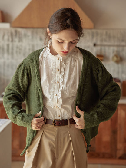 Ava green V-neck retro knitted jacket
