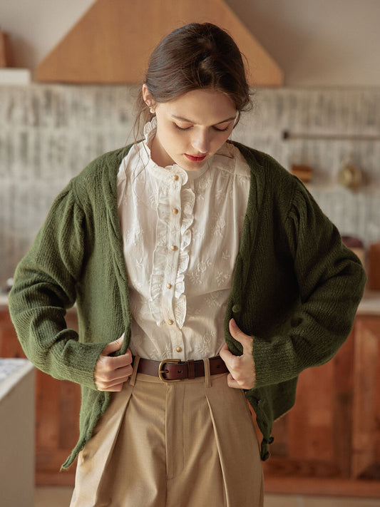 Ava green V-neck retro knitted jacket