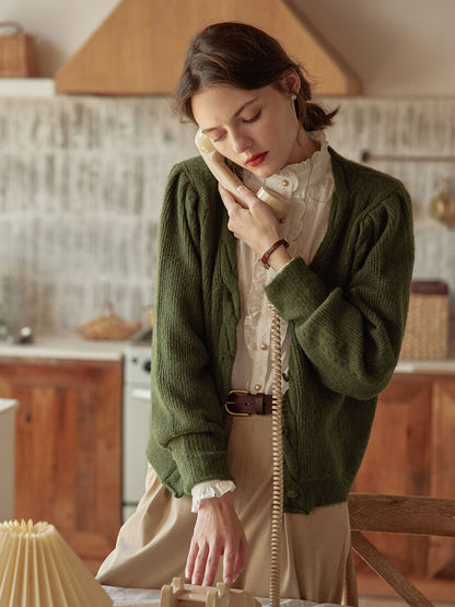 Ava green V-neck retro knitted jacket