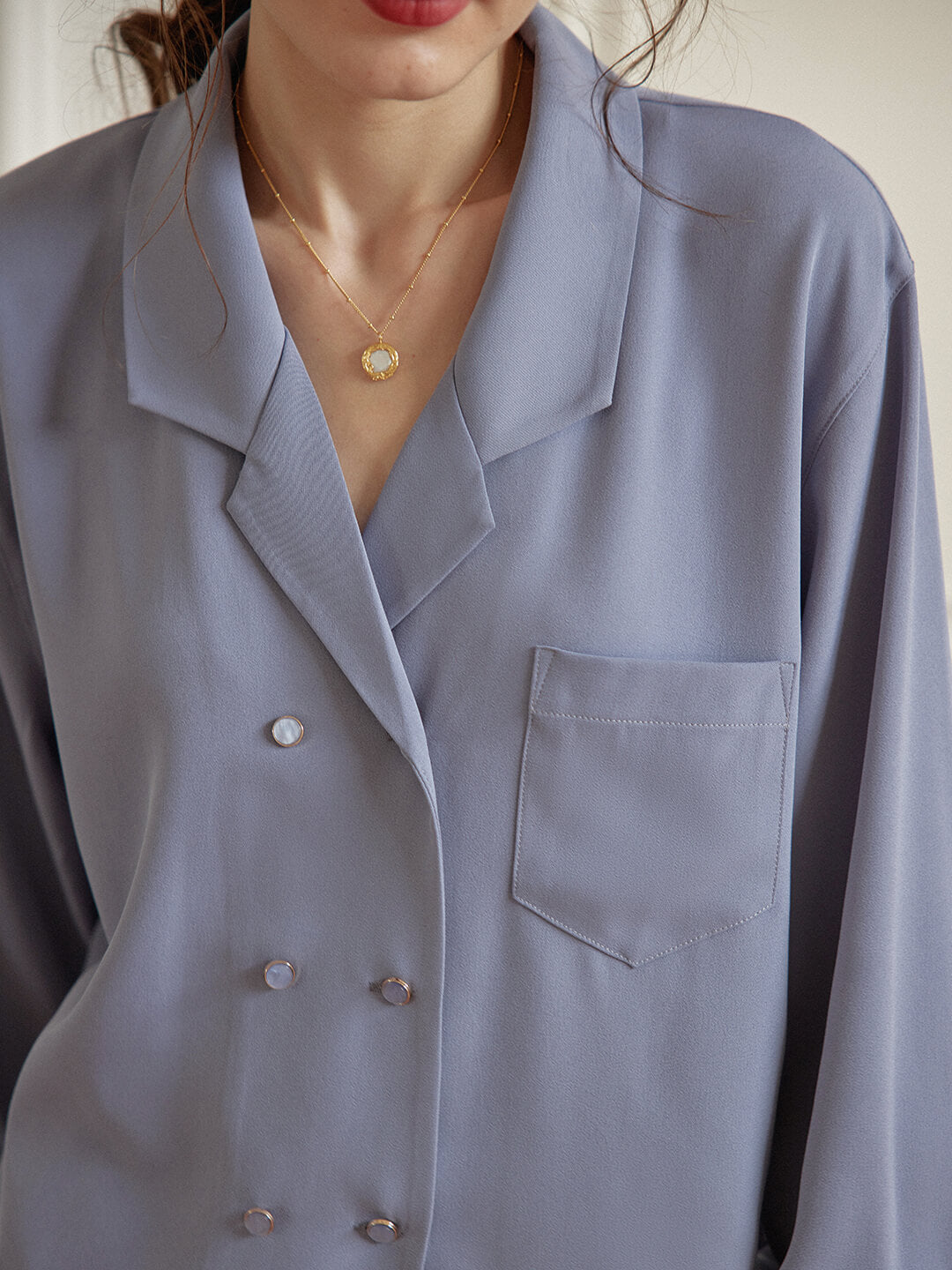 Margo 灰藍色雙排釦寬鬆襯衫/SIMPLERETRO