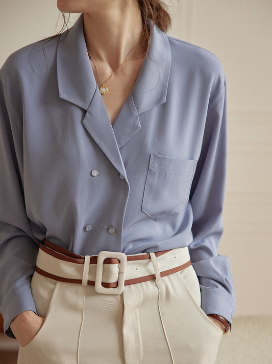 Margo 灰藍色雙排釦寬鬆襯衫/SIMPLERETRO
