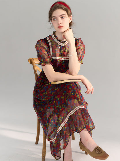 Annika 印花半高領泡泡袖雪紡連衣裙