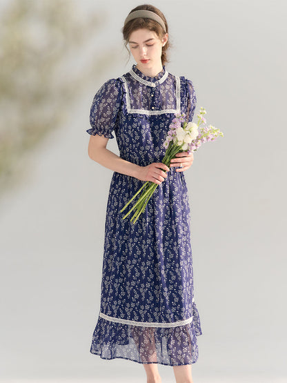 Annika 印花半高領泡泡袖雪紡連衣裙