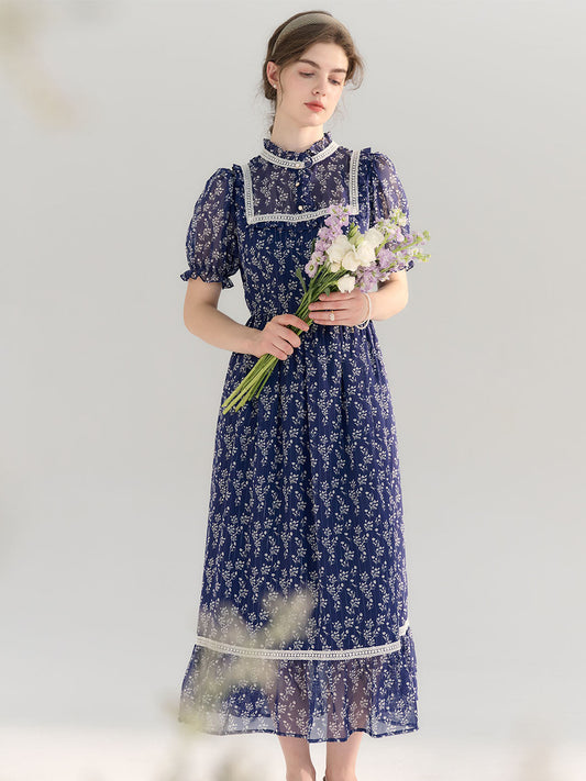 Annika 印花半高領泡泡袖雪紡連衣裙