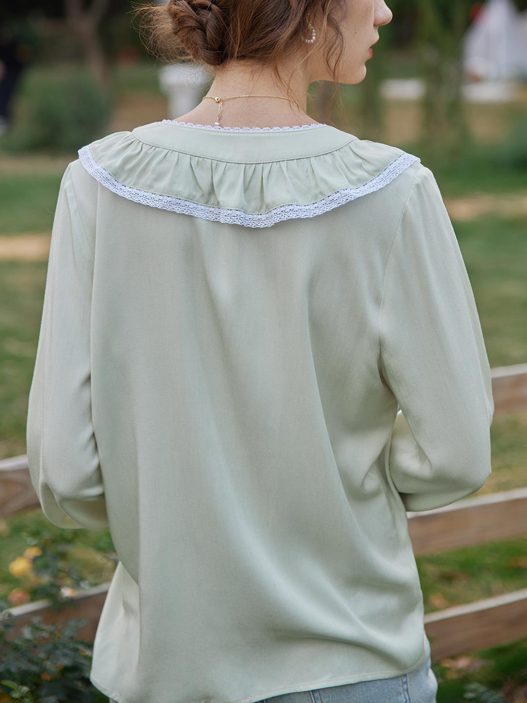 Simple Retro-Rosario 薄荷綠水滴領綁袖荷葉邊長袖襯衫