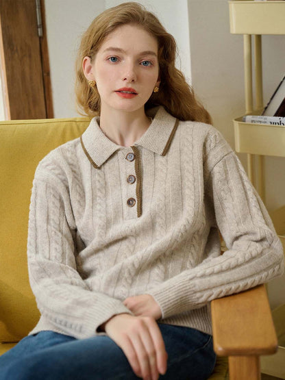 Emilia Polo Collar Cable-Knit Apricot 100% Wool Sweater
