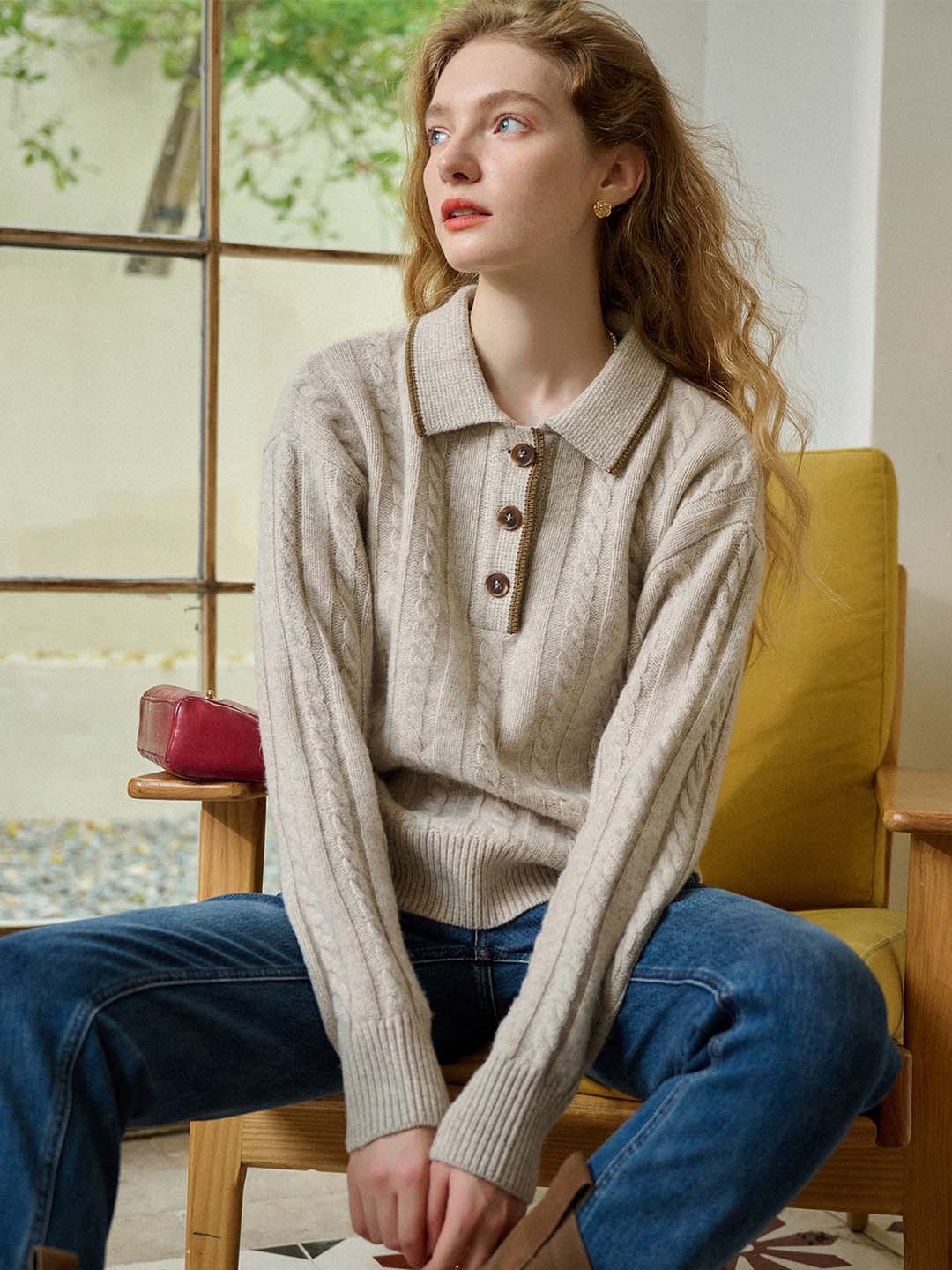 Emilia Polo Collar Cable-Knit Apricot 100% Wool Sweater