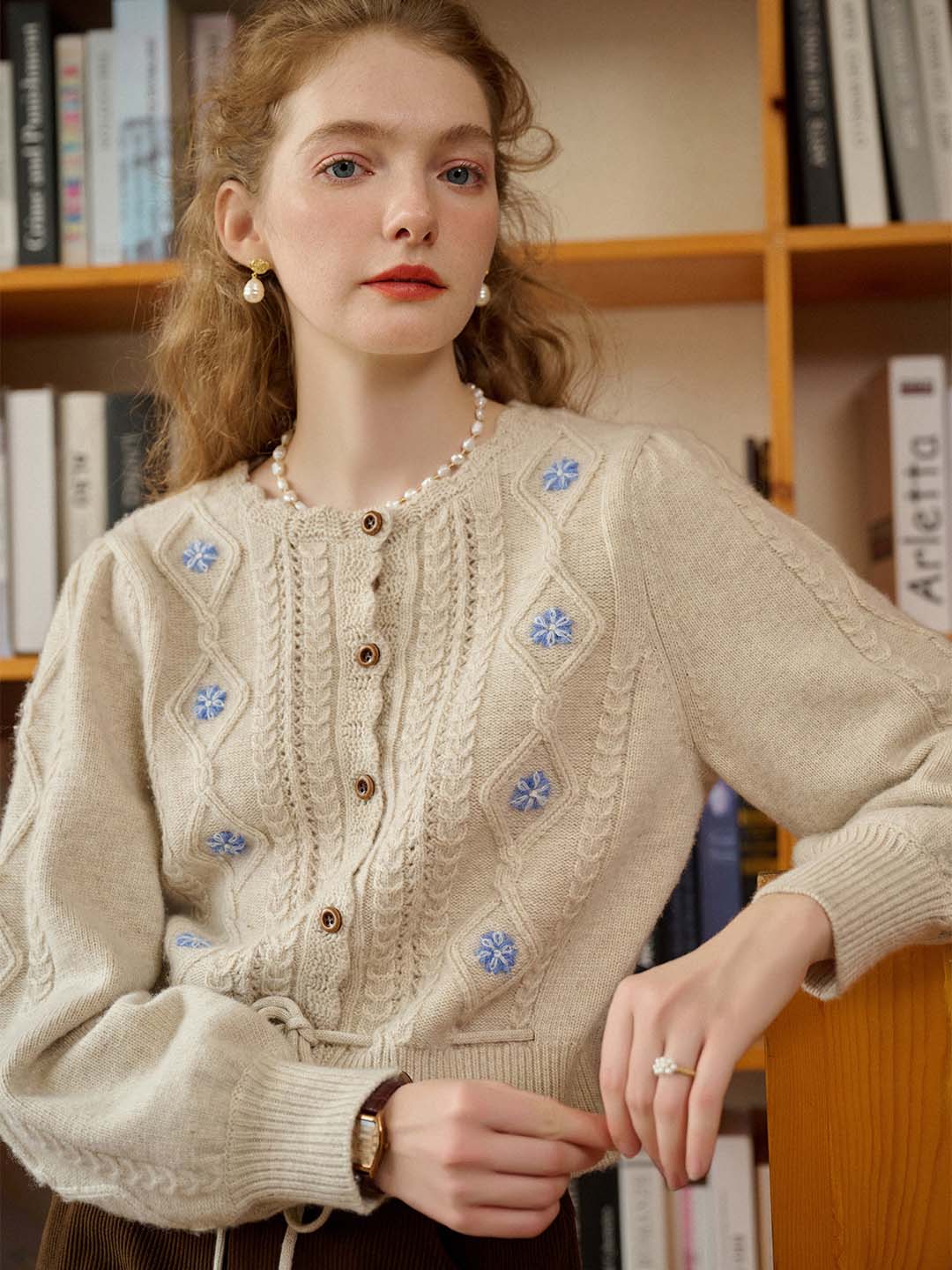 Willow Floral Embroidery Lantern Sleeve Knot Hem Cardigan