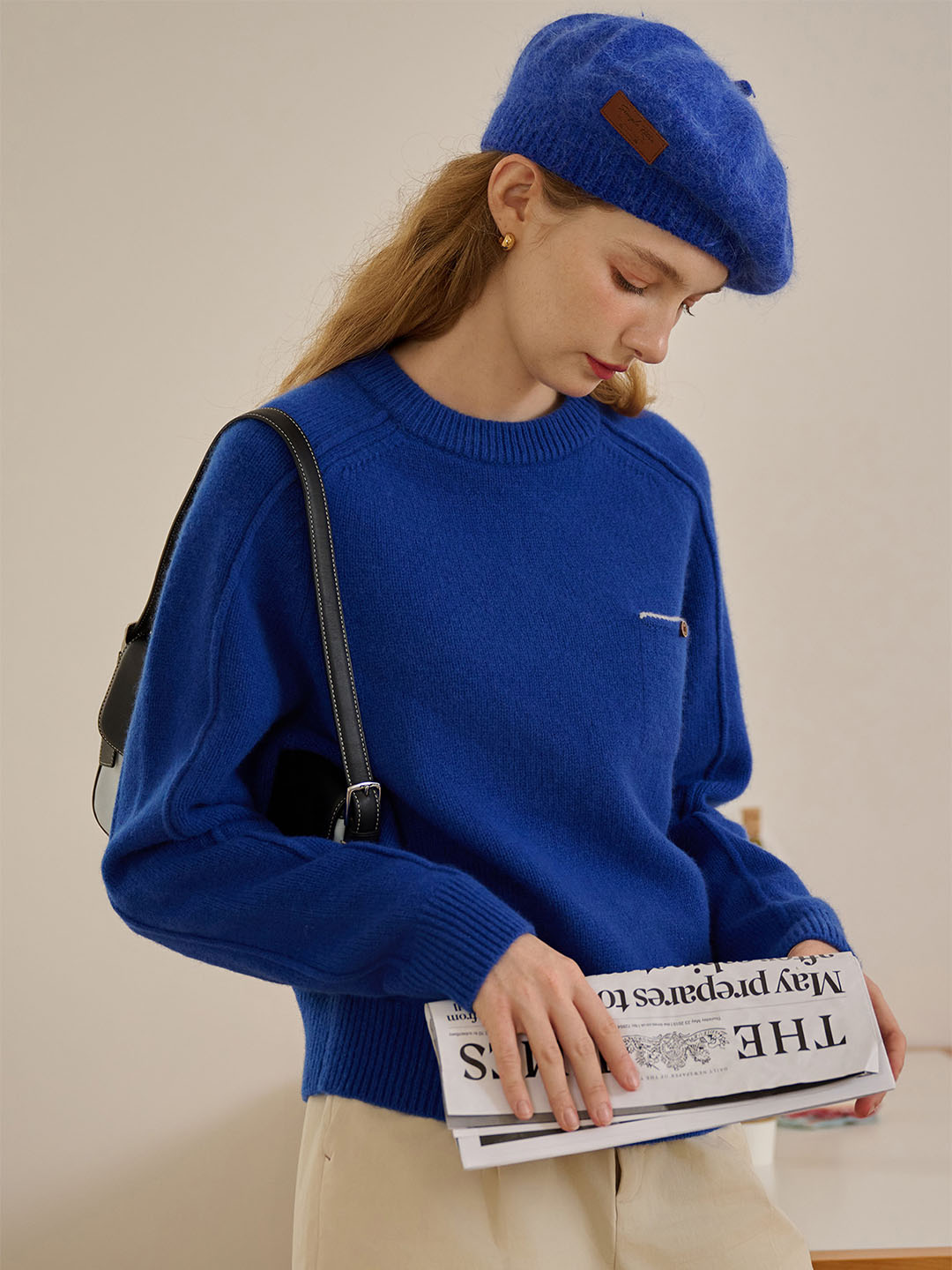 Natalie Solid Raglan Sleeve Pocket Patched 100% Wool Sweater