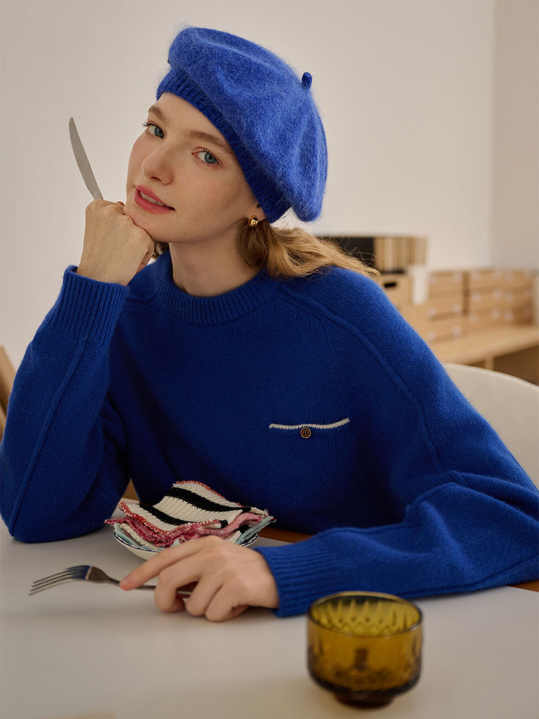 Natalie Solid Raglan Sleeve Pocket Patched 100% Wool Sweater