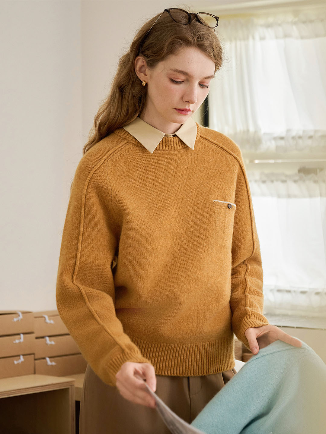 Natalie Solid Raglan Sleeve Pocket Patched 100% Wool Sweater