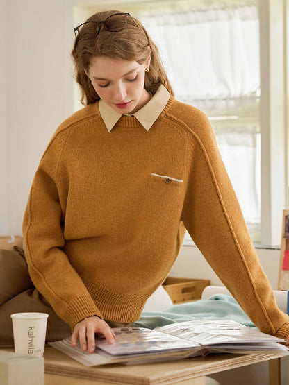 Natalie Solid Raglan Sleeve Pocket Patched 100% Wool Sweater