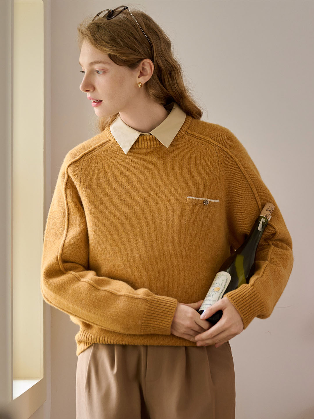 Natalie Solid Raglan Sleeve Pocket Patched 100% Wool Sweater