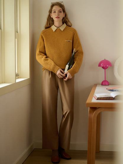 Natalie Solid Raglan Sleeve Pocket Patched 100% Wool Sweater